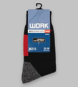 Worker socks in black with red and grey accents, featuring a hanging tag with branding.