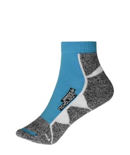 A pair of sport sneaker socks featuring a blue and white design with grey accents and a logo.