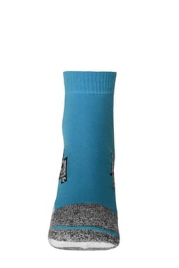 A pair of sport sneaker socks in blue with grey detailing and a logo on the side.