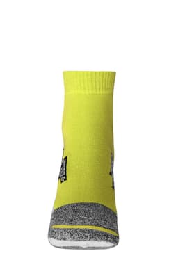 Sport sneaker socks featuring a bright yellow design with grey accents and a logo. Ideal for athletic wear.