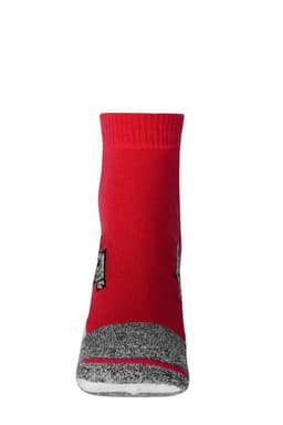 A pair of red sport sneaker socks with a grey toe and heel section, featuring a logo design.