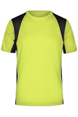 A men's T-shirt in fluoro yellow with black accents, featuring a logo on the fabric.