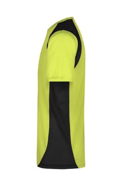A T-shirt in fluorescent yellow with black accents, featuring a logo on the side.