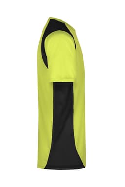 A fluorescent yellow and black men's running T-shirt with short sleeves, featuring contrasting side panels and a logo.