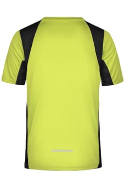 A men's running T-shirt in fluoro yellow and black, featuring short sleeves and a logo.