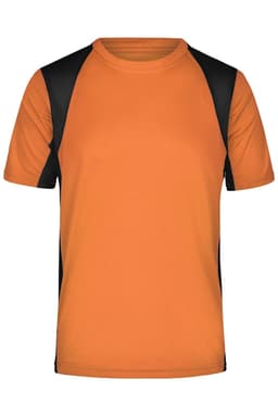 A men's T-shirt in fluorescent yellow with black sleeves, featuring a logo on the fabric.