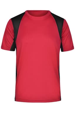 Men's T-shirt in bright red with black sleeves, featuring a logo on one side. Suitable for active wear.