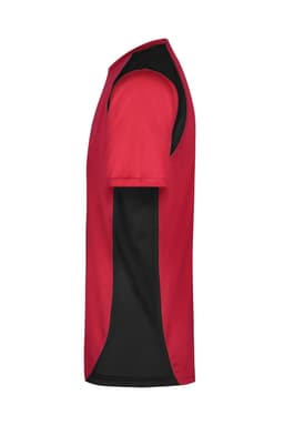 A men's T-shirt in red with black side panels. The design features short sleeves and a classic fit.