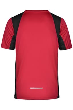 A men's running T-shirt in fluoro yellow and black with short sleeves and a logo on the back.