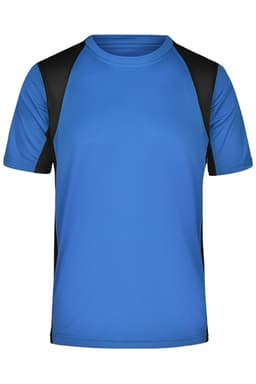 A T-shirt in blue with black sleeves, featuring a logo on the front. Suitable for running or casual wear.