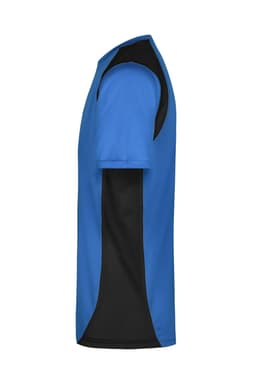 A blue and black men's running T-shirt with short sleeves and a side view design. It features a logo on the fabric.