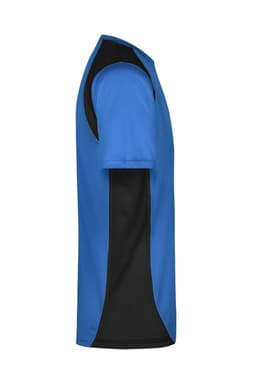 A T-shirt in bright blue with black side panels, featuring a logo on the front.