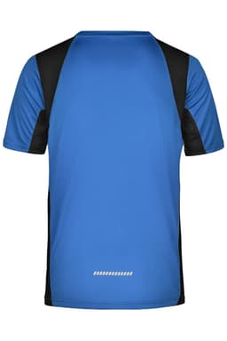 A blue and black men's running T-shirt featuring a sporty design and branding on the back.