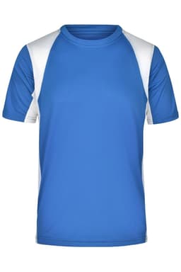 A blue and white men's running T-shirt with a fitted design and short sleeves. It features a logo on the front.