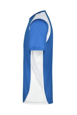 A T-shirt in blue with white accents, featuring a logo on the side. Suitable for active wear.