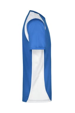 A blue and white men's T-shirt, featuring a sporty design and a logo on the front.