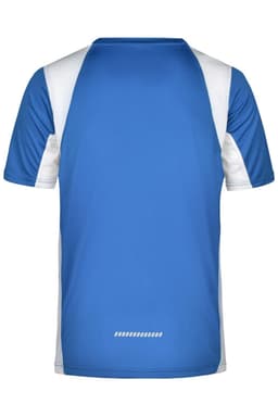 A blue and white men's running T-shirt with a sporty design and a logo on the back.