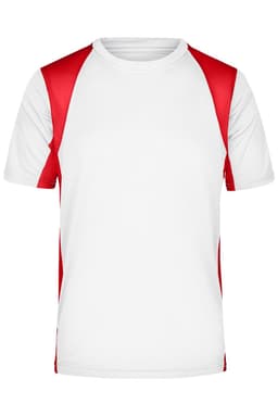 A T-shirt featuring a white body with red sleeves and side panels, including a logo.