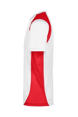 A T-shirt featuring a white body with red accent panels on the sides. The shirt has a logo.