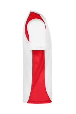 A T-shirt in white and red, featuring a contrasting design with a logo.