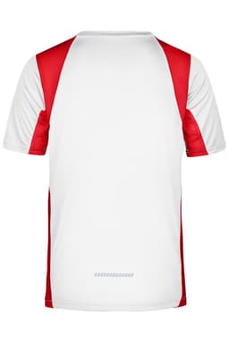 A men's T-shirt in white with red sleeves, featuring a logo.
