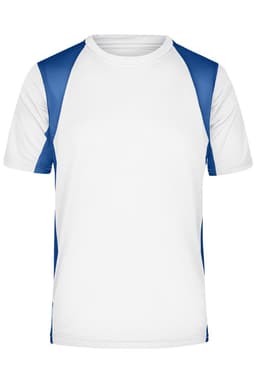 A men's T-shirt in white with blue sleeves and side panels, featuring a logo on one side.