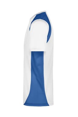A side view of a men's T-shirt in white with blue accents. The shirt has a sporty design and a logo.