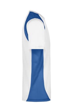 A side view of a men's T-shirt in white with blue accents and short sleeves. The shirt has a logo.