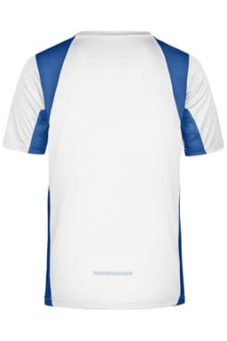 A T-shirt featuring a white base with blue side panels and a logo. Suitable for sports and casual wear.