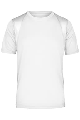 A short-sleeved men's running T-shirt in white with a logo on the front.