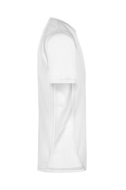 A white men's T-shirt featuring short sleeves and a side view design. It has a simple, clean appearance.