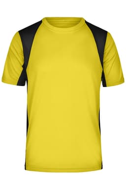 A men's running T-shirt in fluorescent yellow with black accents, featuring a logo.