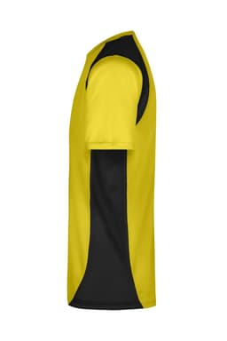A men's T-shirt in fluoro yellow with black accents, featuring a logo on the design.