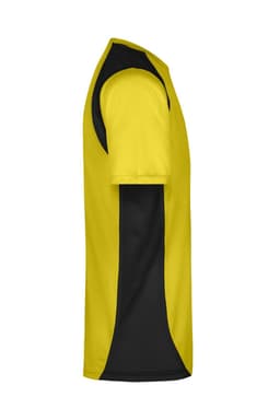 A T-shirt in fluoro yellow with black sides, featuring a small logo. Suitable for men's running wear.