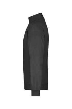 A black round-neck zip jumper with long sleeves and a fitted design, displaying a side view.