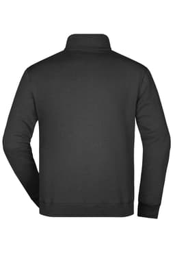 A black round-neck zip jumper with a smooth back design. It features a collar and long sleeves.