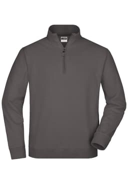 A grey round-neck zip jumper with long sleeves and a zippered collar. The product has a logo on the chest.