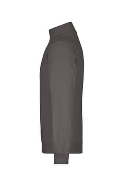 A round-neck zip jumper in grey, featuring a side view of the fitted design and sleeve. Includes branding.