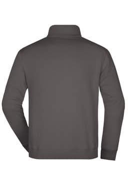 A round-neck zip sweater in a dark grey colour, featuring a plain back design and long sleeves.