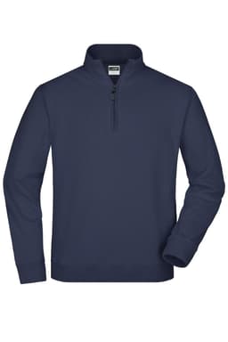 A navy blue round-neck zip jumper featuring a quarter zip design and long sleeves. It includes a brand logo.