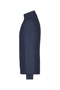 A round-neck zip jumper in navy with a fitted silhouette and long sleeves. Features a logo on the garment.