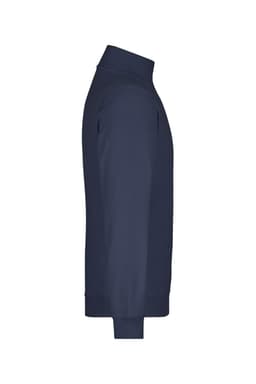 A side view of a navy round-neck zip jumper, featuring long sleeves and a snug fit. The item has a logo.
