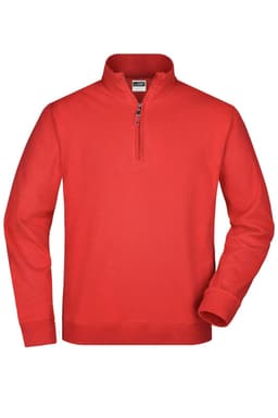 A red round-neck zip jumper with long sleeves, featuring a zippered neckline and a logo.