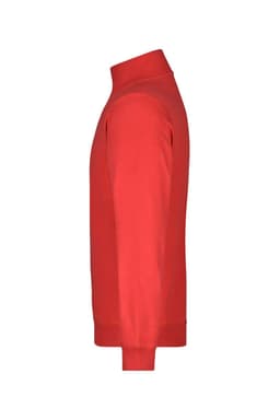 A red round-neck zip jumper with long sleeves, featuring a fitted silhouette. It has a plain design and includes a logo.