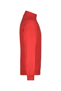 A red round-neck zip sweater displayed from the side, featuring long sleeves. The product has a logo.
