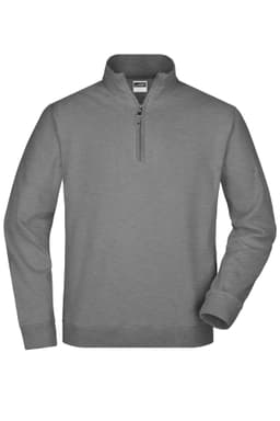 A grey round-neck zip jumper featuring a half-zip closure and long sleeves, with a logo on the label.