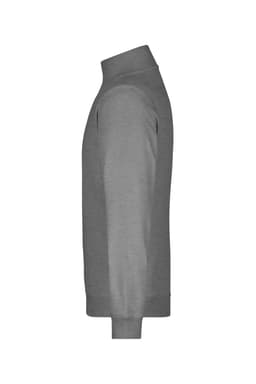 A grey round-neck zip jumper with long sleeves and ribbed cuffs, featuring a logo on the front.