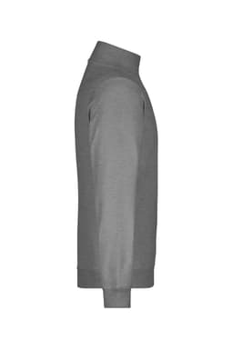 A grey round-neck zip jumper featuring a side view with long sleeves. It includes a logo on the garment.