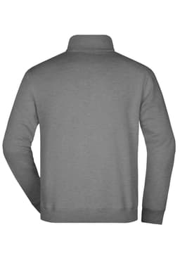 A grey round-neck zip jumper with long sleeves and a soft texture, featuring a logo on the back.