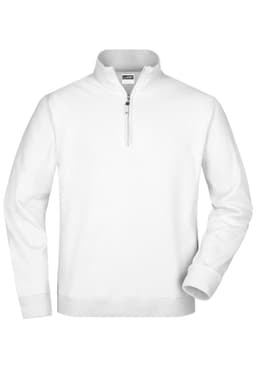 A white round-neck zip jumper with long sleeves and a half zipper at the collar, featuring a branded label.